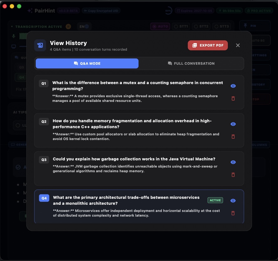 PairHint Q&A Mode History View